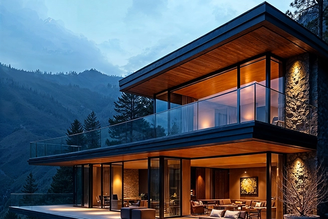 Modern two-story house with large glass windows and balcony, surrounded by forested mountains at dusk.