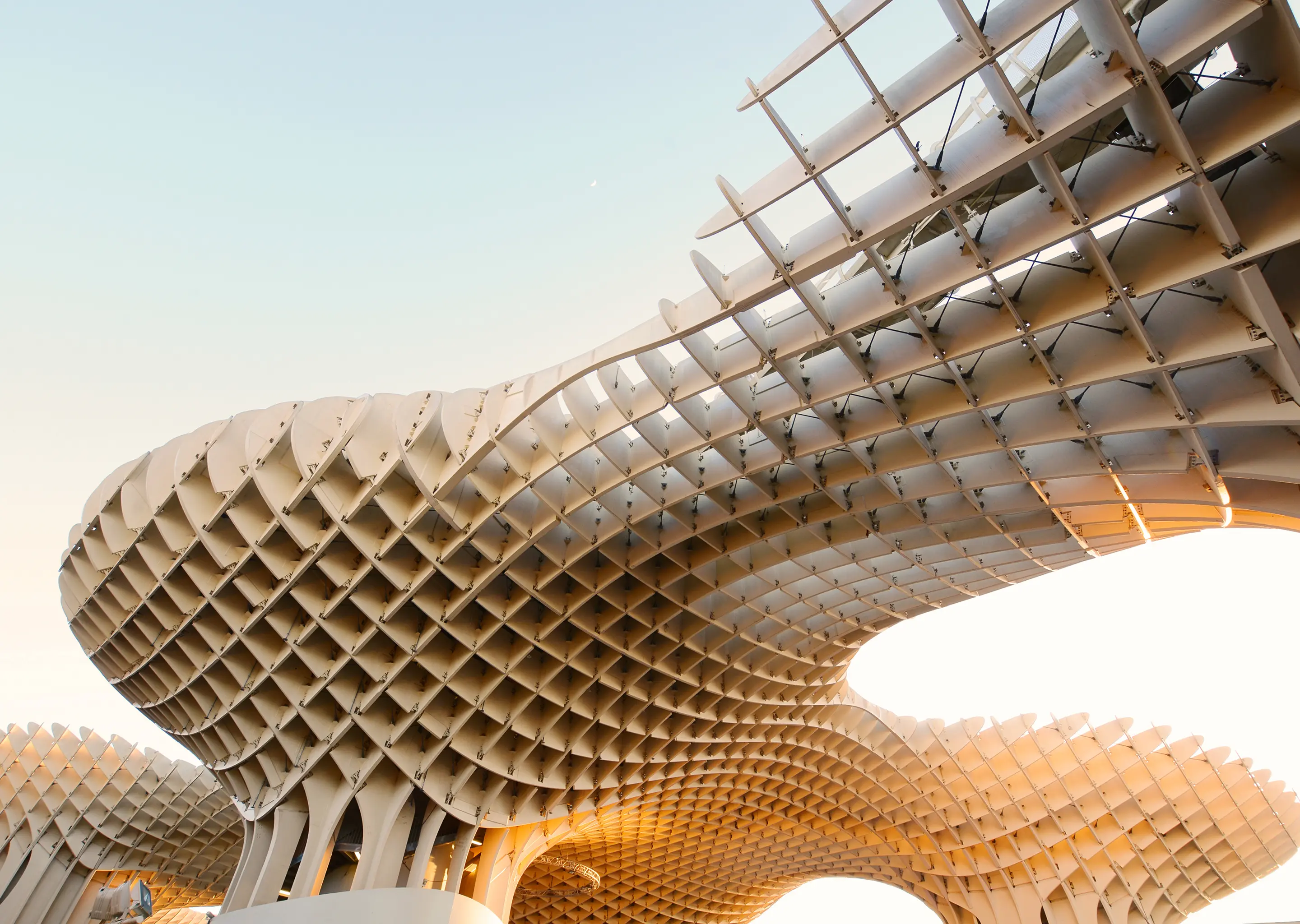 Close-up of a large modern wooden lattice structure with an intricate curved design against a clear sky.