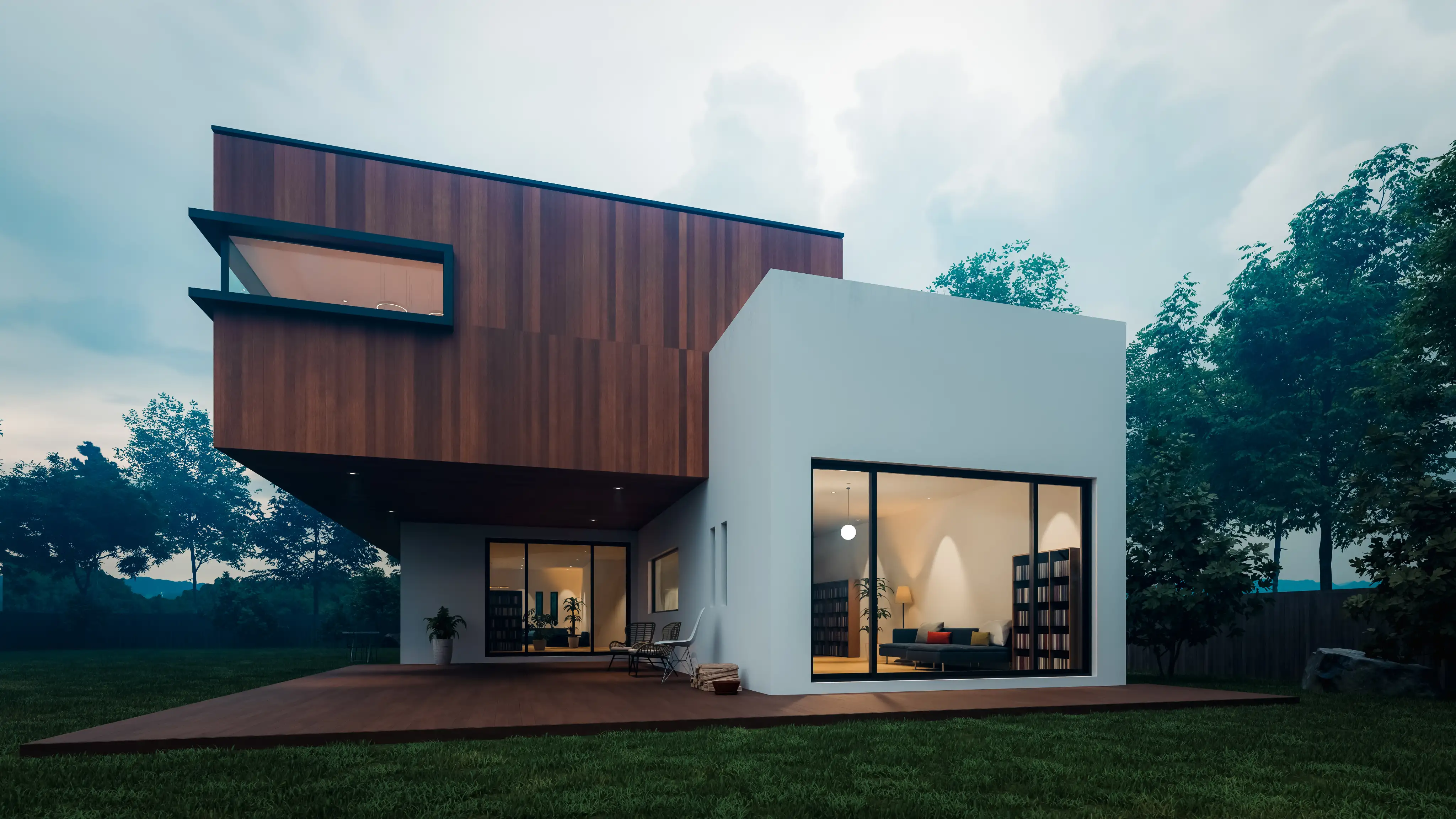 Modern two-story house with wooden upper level, large windows, and a patio at dusk.