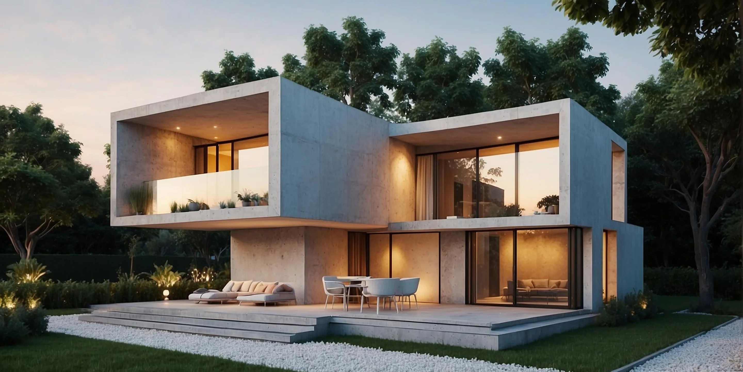 Modern two-story concrete house with large glass windows and outdoor seating lit at dusk.
