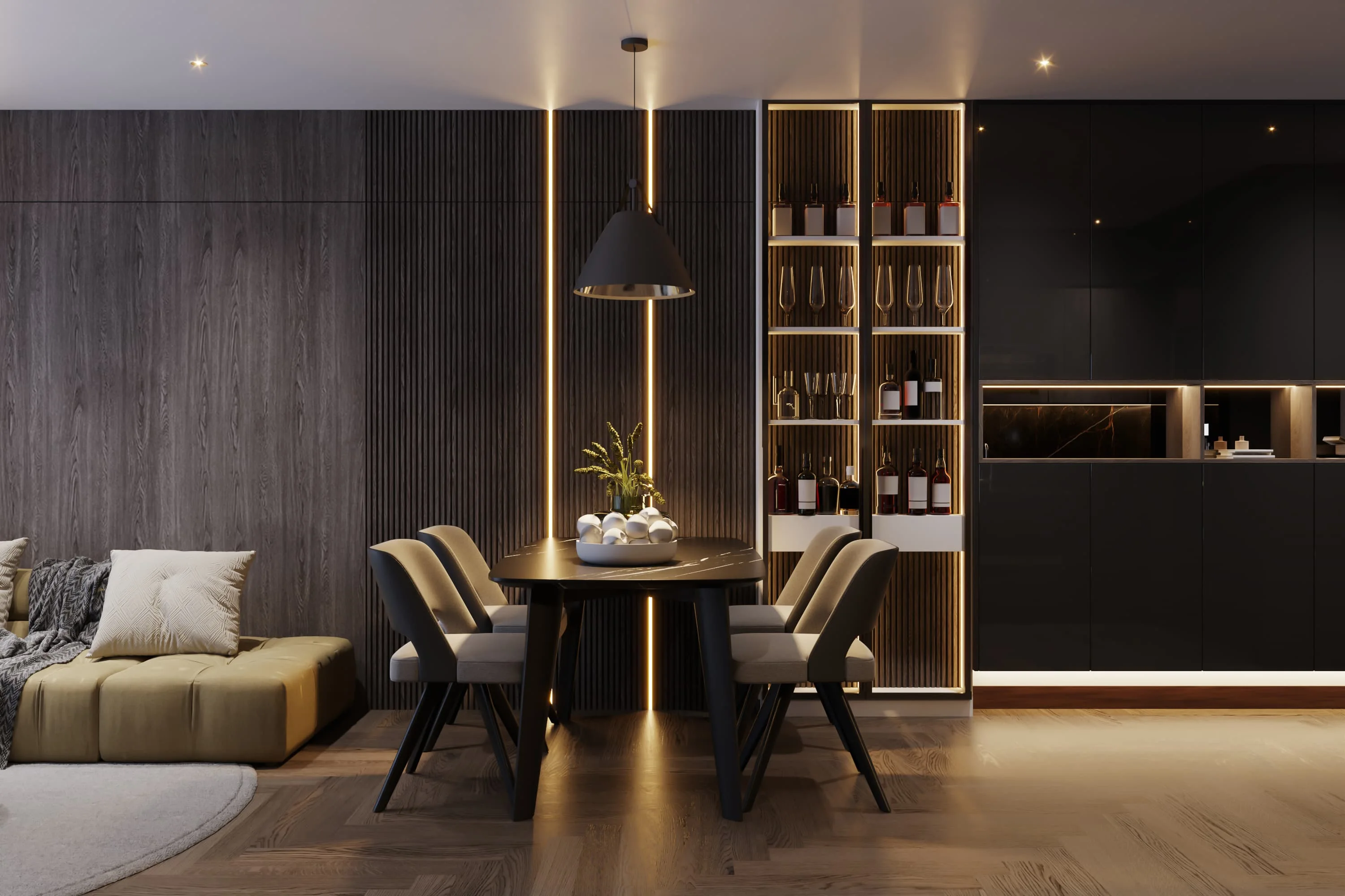 Modern dining area with black table, gray chairs, pendant light, and illuminated wine shelves.