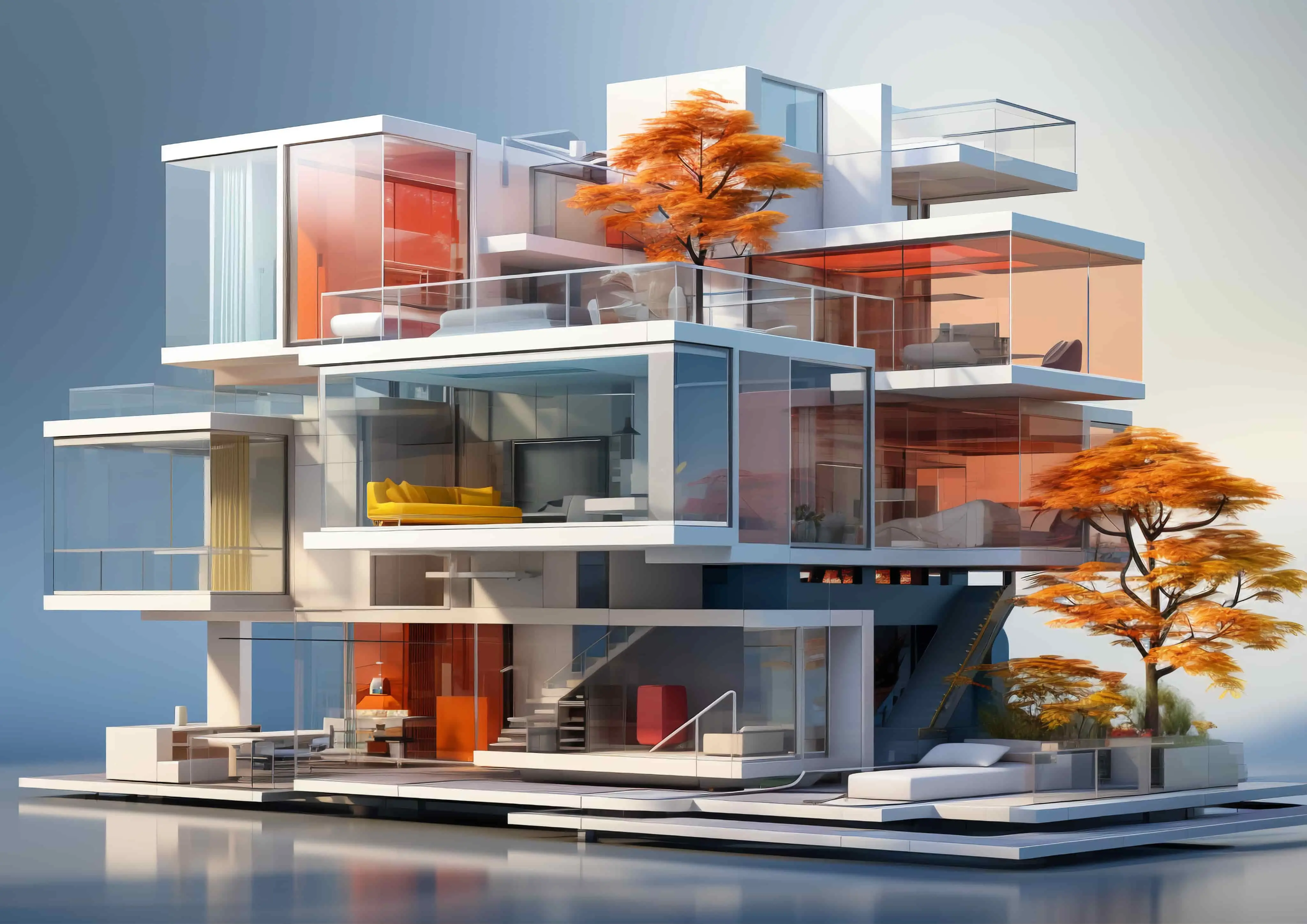 Modern multi-level house with large glass windows and orange autumn trees on terraces.