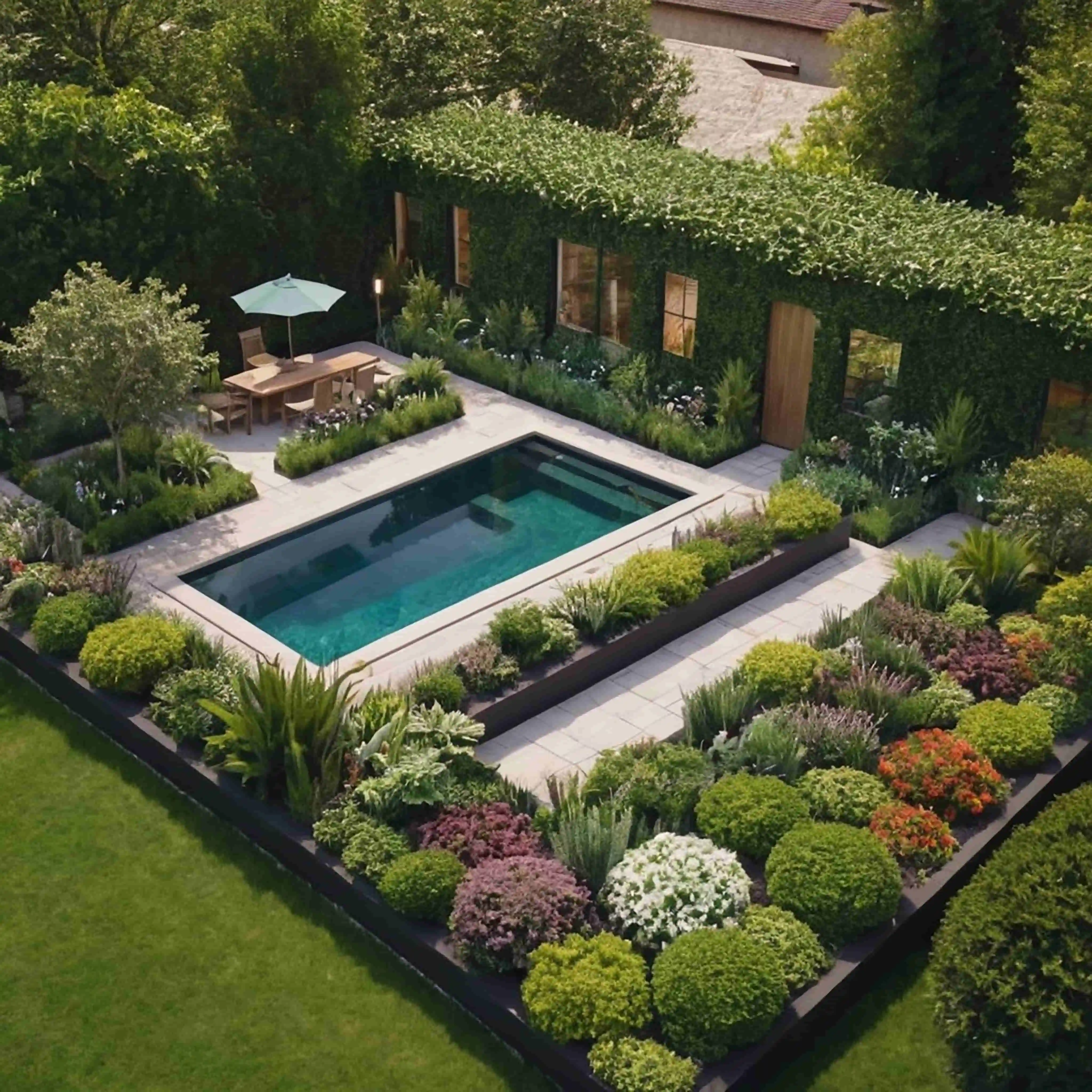 Rectangular pool in a garden with lush greenery, colorful shrubs, and outdoor dining area with umbrella.
