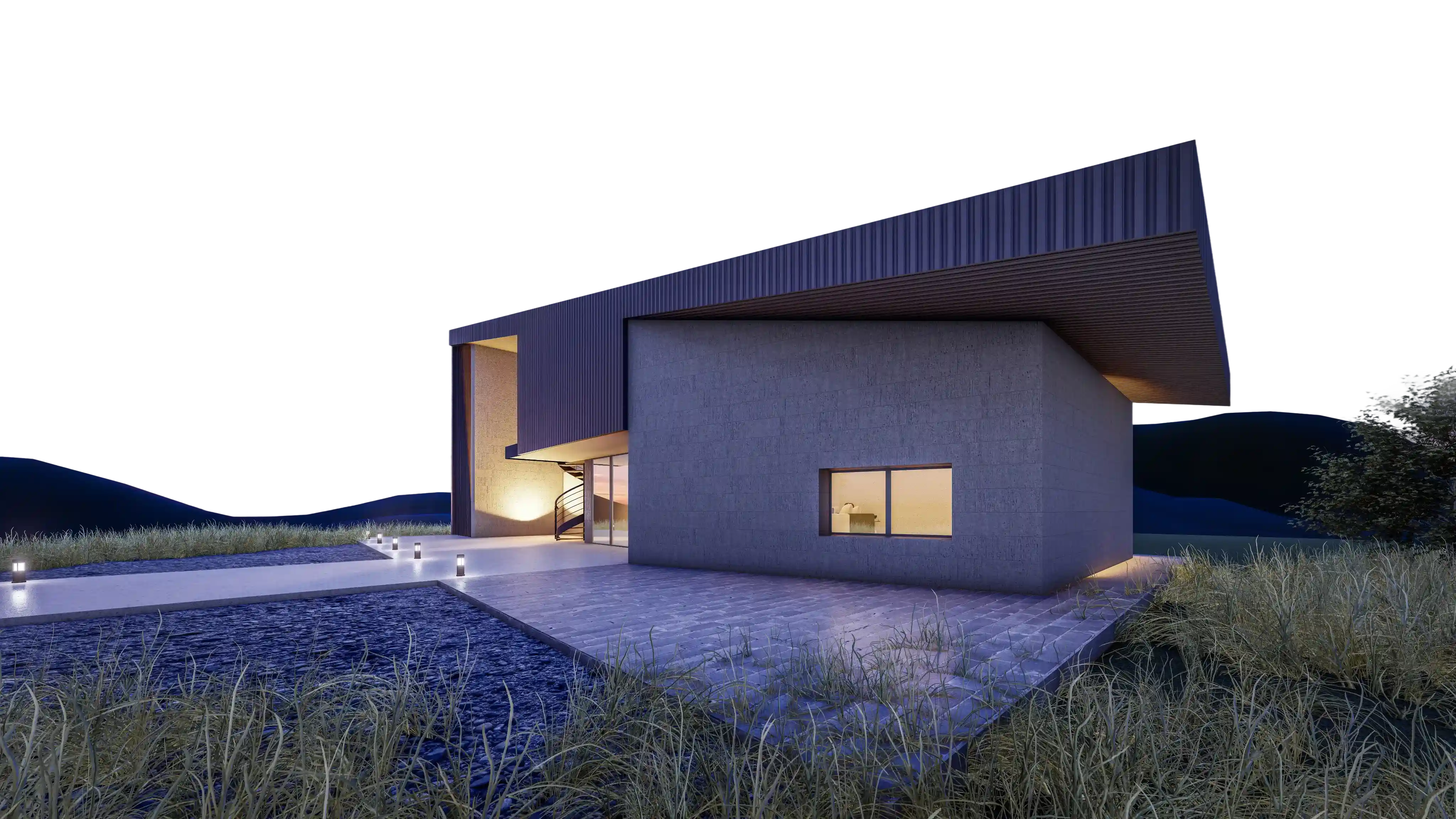 Modern house with flat roof and lit interior at night surrounded by grass and stone paths.