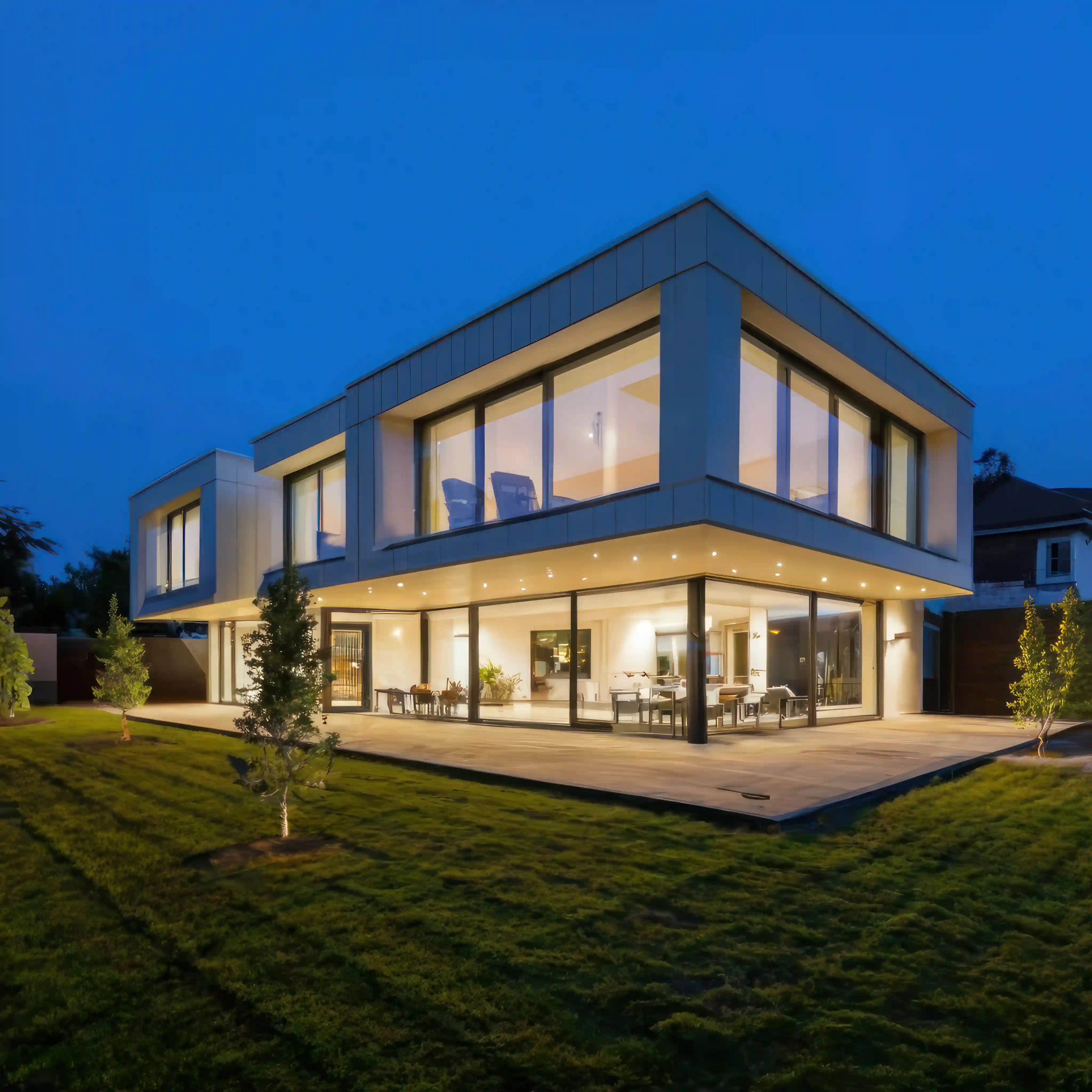 Modern two-story house with large glass windows and illuminated interior at dusk.