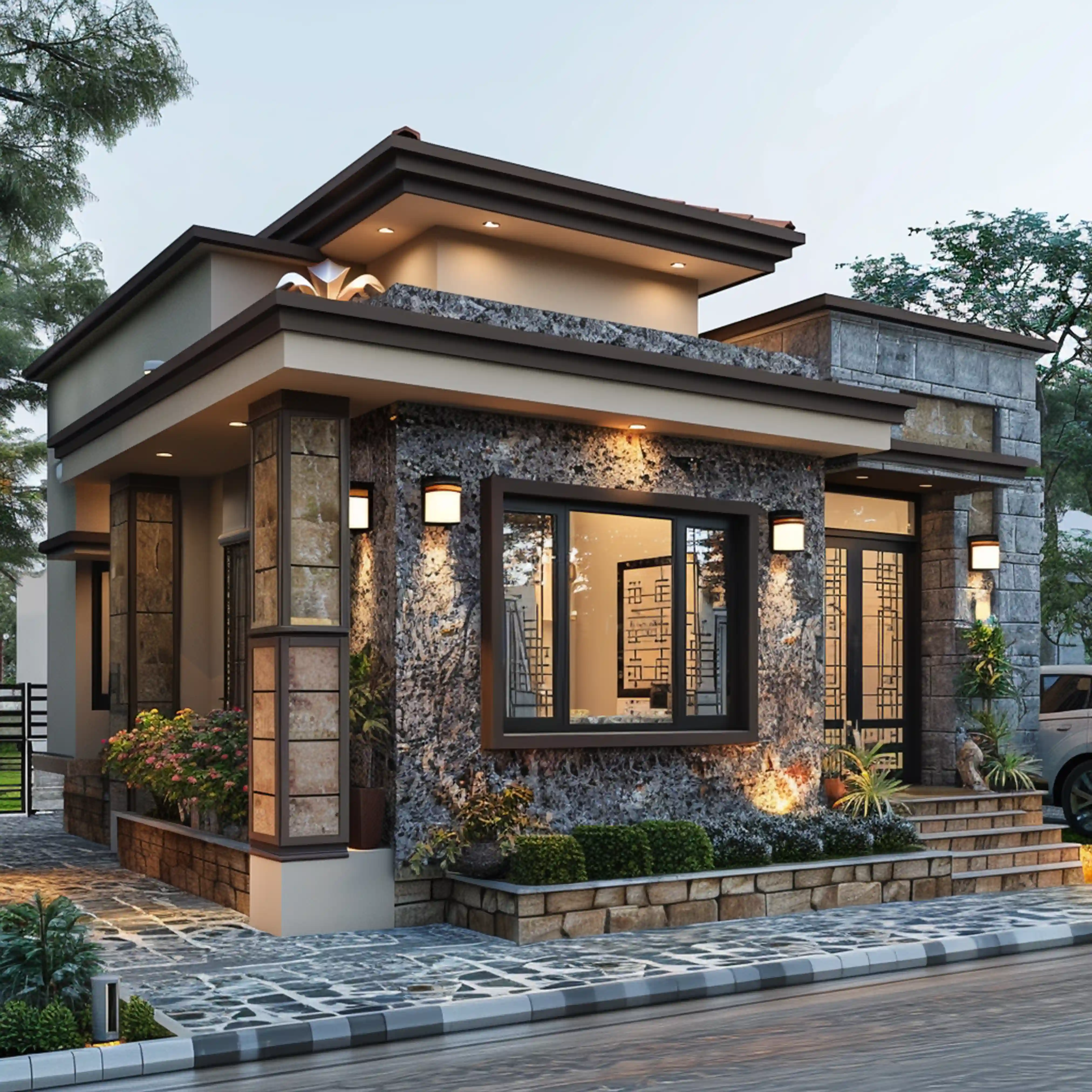 Modern single-story house with stone and tile exterior, large window, and warm exterior lighting.
