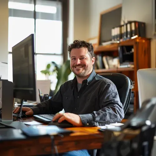 Smiling business professional working at a multi-monitor desktop setup in a modern office workspace