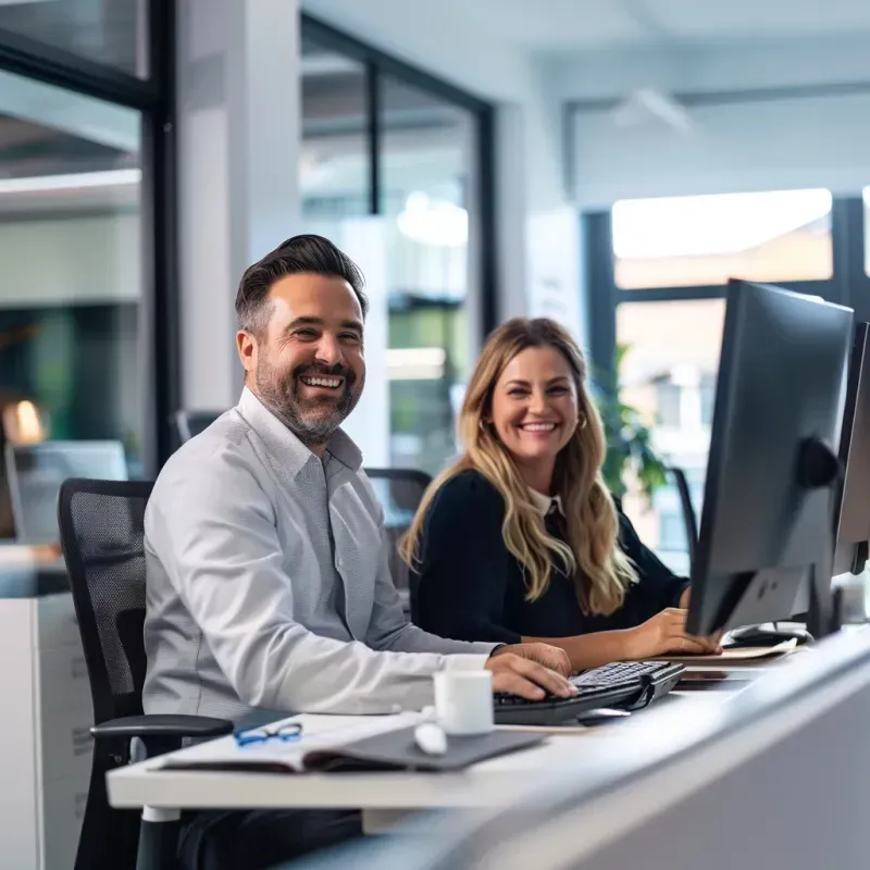 Two business professionals smiling at desk with computer monitor in modern Rochelle Park NJ office IT workspace