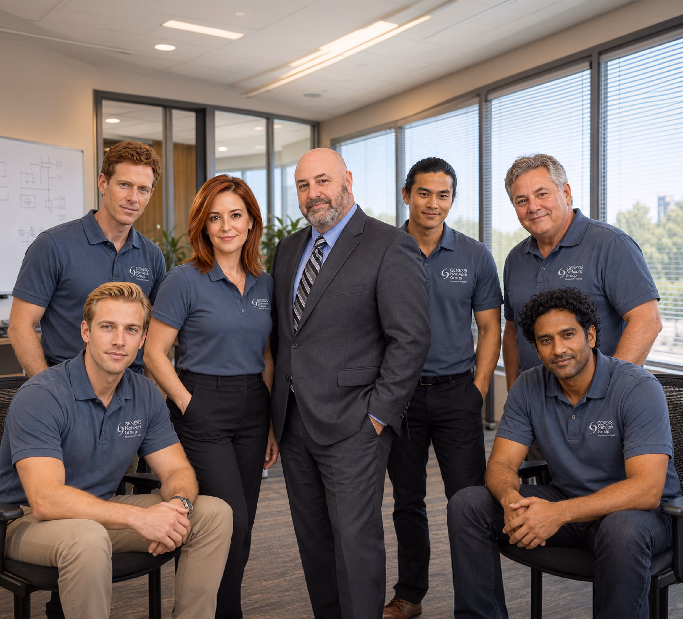 Genesis Network Group IT team posing outside corporate office in branded uniforms