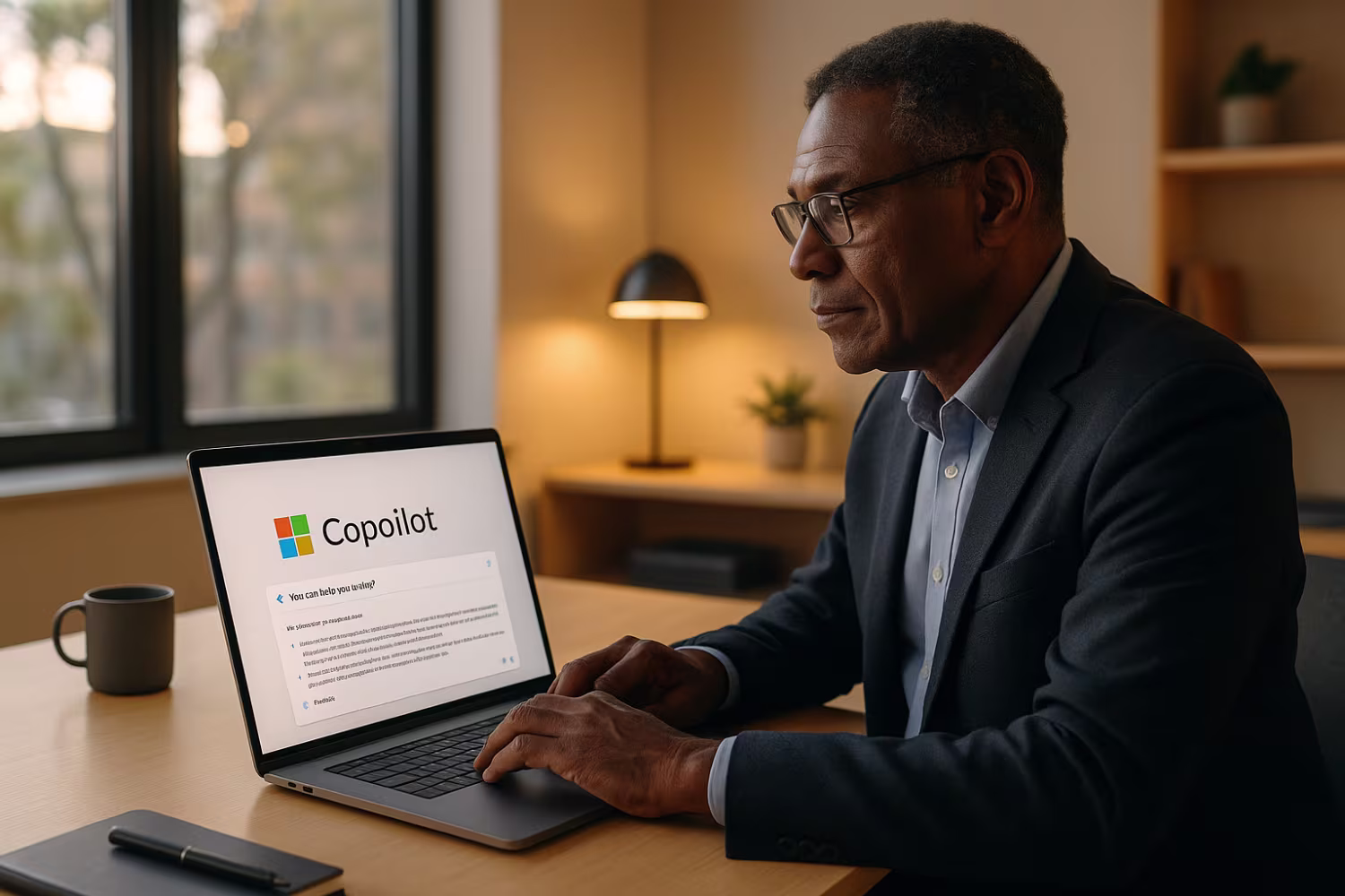 Person using Microsoft 365 Copilot in sunlit office