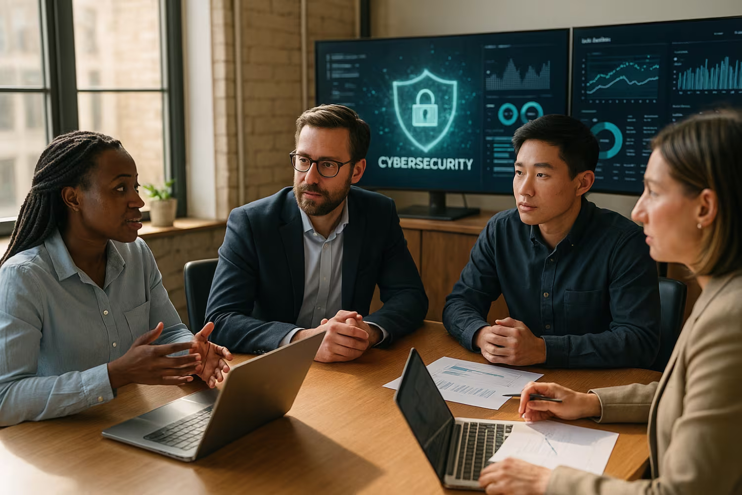 Diverse professionals discussing cybersecurity strategies