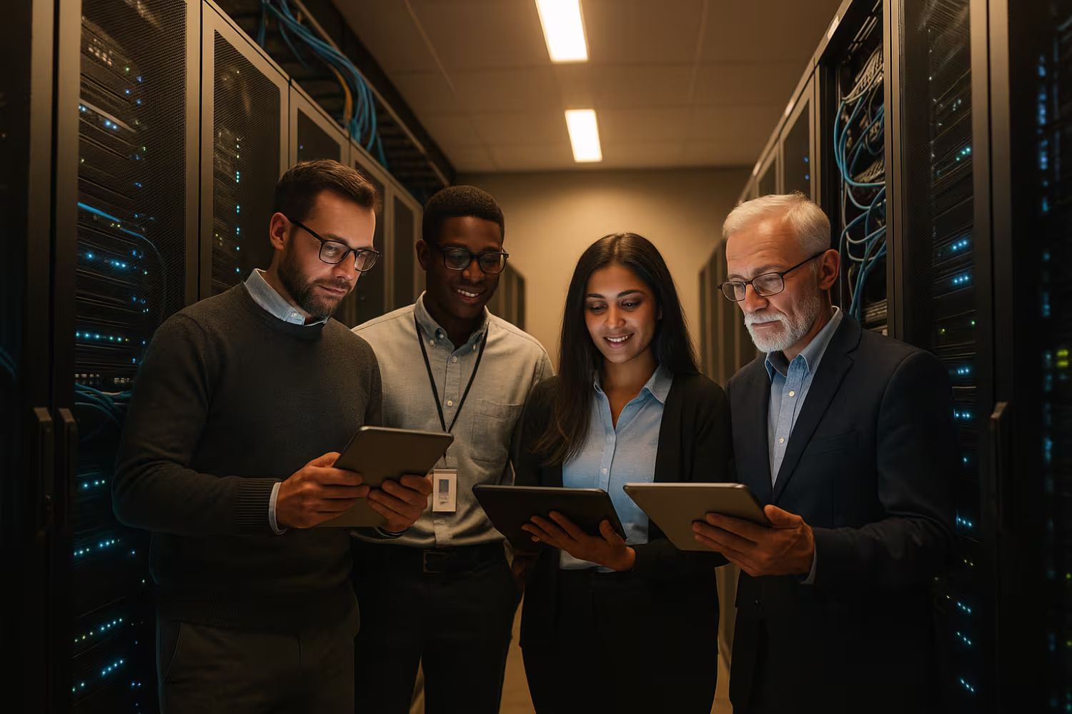 Diverse IT professionals discussing managed IT solutions
