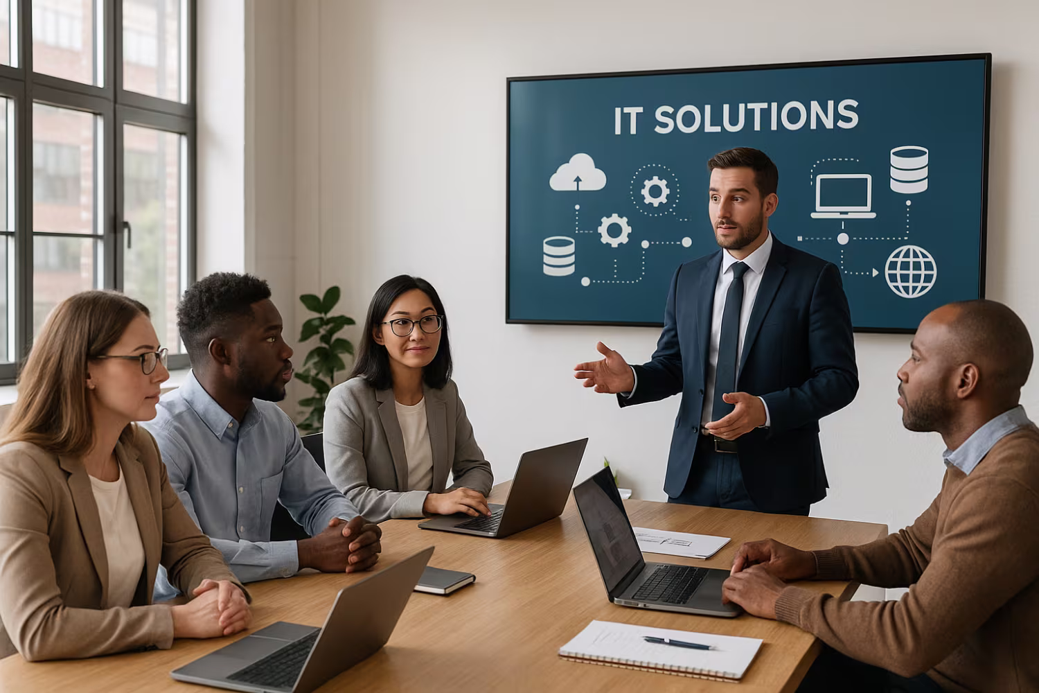 Diverse team discussing managed IT solutions