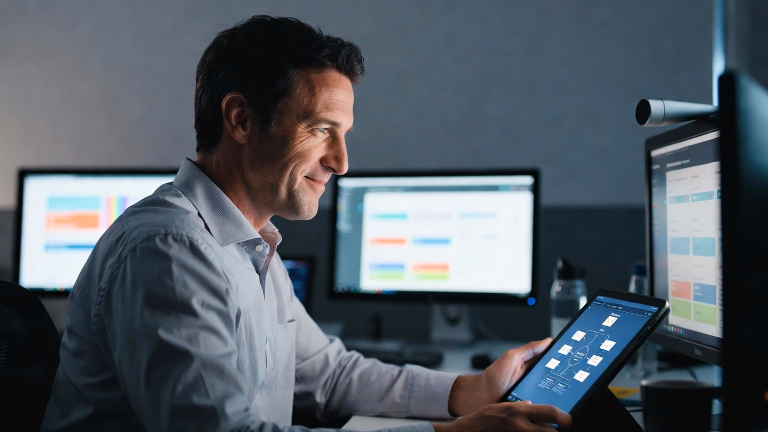 Man reviews email security diagram on tablet at desk edge 66