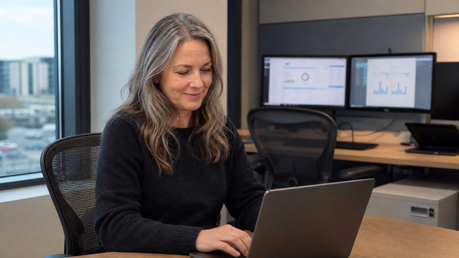 Woman typing email security training on laptop by window