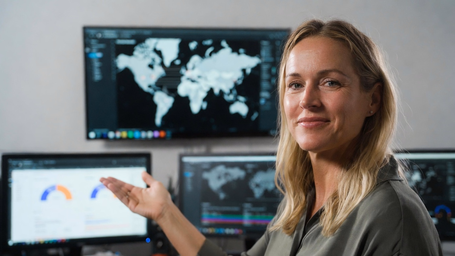 Woman points to cybersecurity threat map on screen
