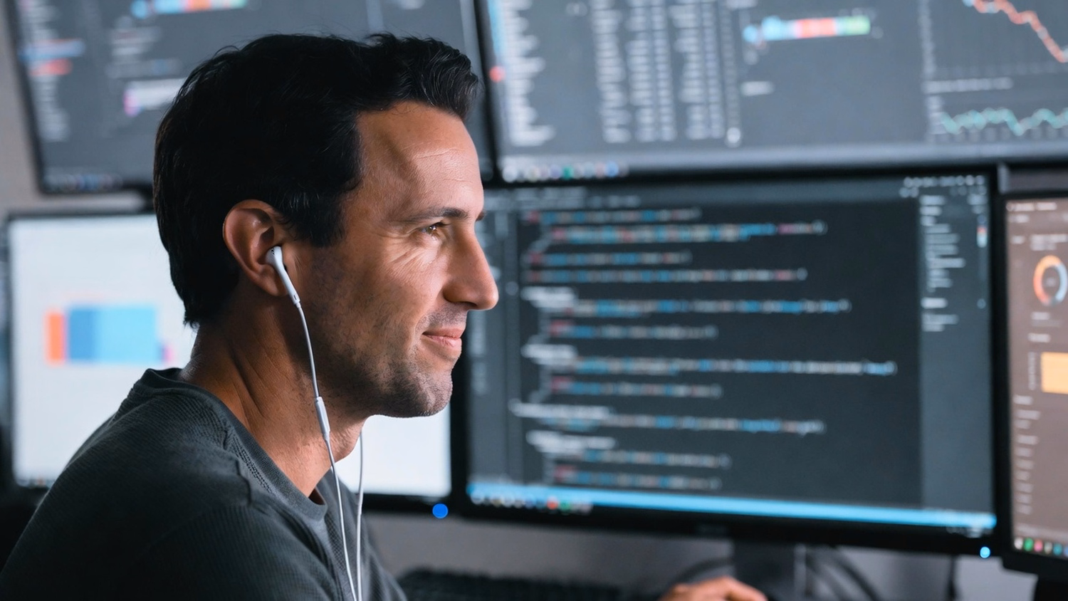 Man with earbuds reviews code on monitor 49