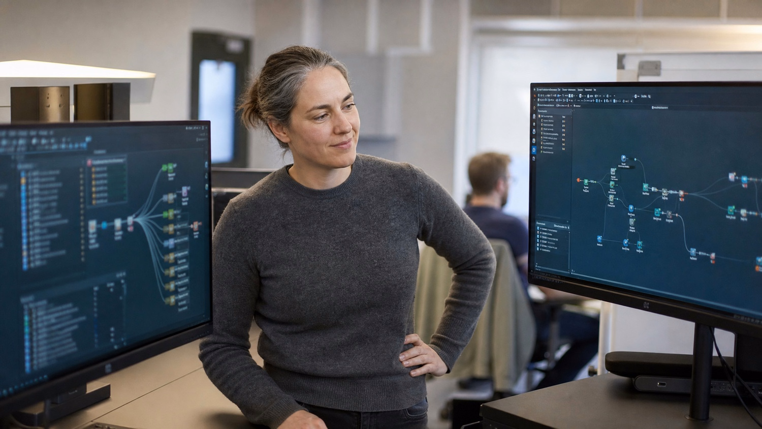 IT professional analyzing network diagrams on dual monitors