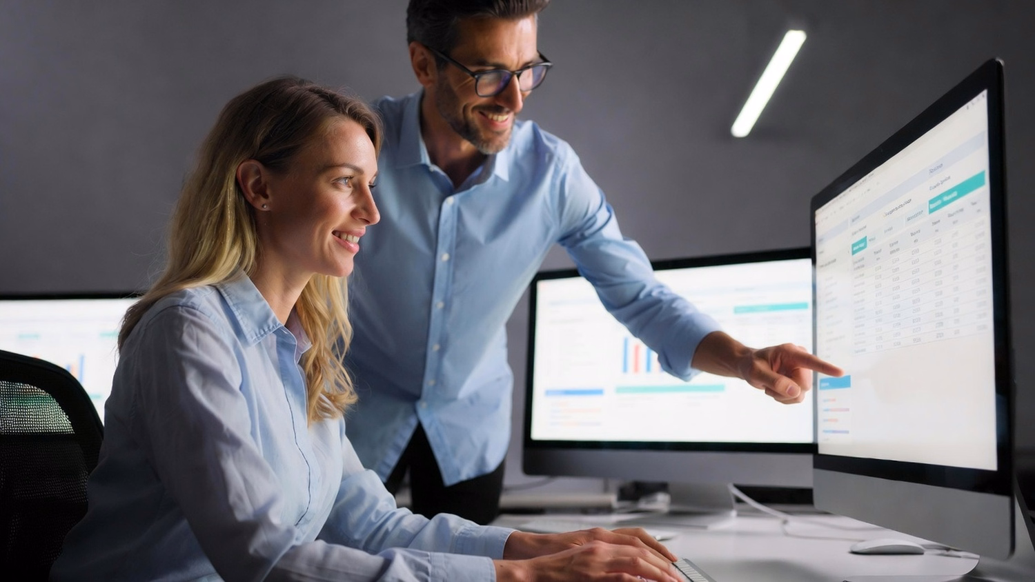 Man at standing desk reviews Copilot features on screen