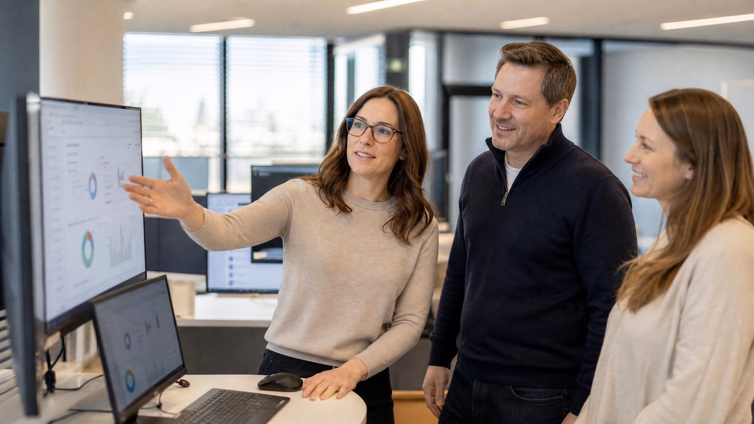 Woman discusses Microsoft 365 Copilot dashboard with colleagues