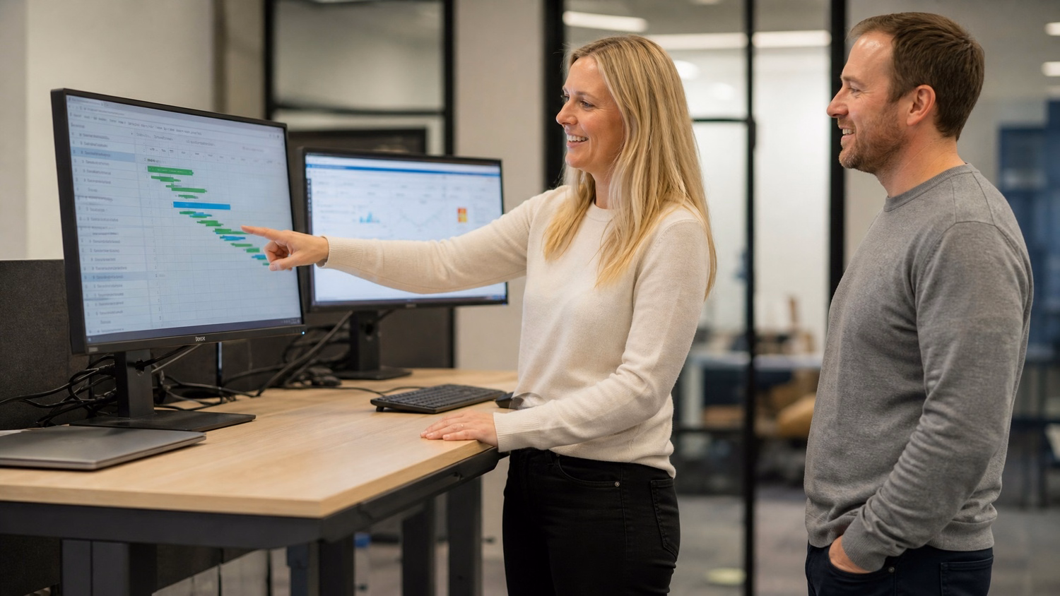 Woman pointing at Gantt chart on standing desk monitor 60 chars