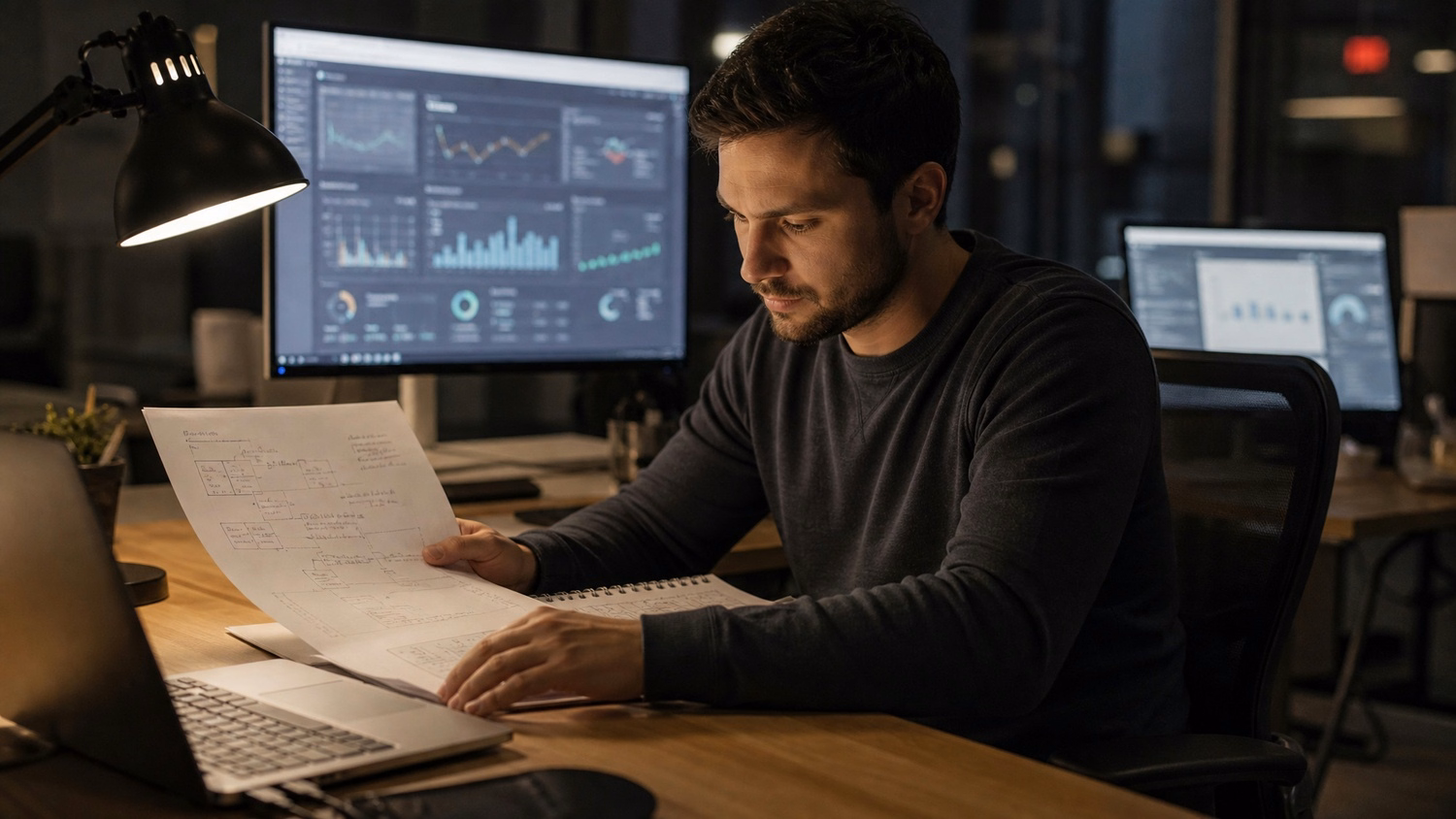 Man reviews strategy flowchart under desk lamp at night 60 chars