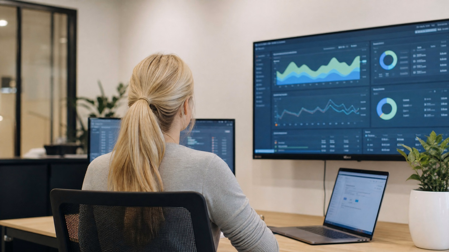 Woman reviews system charts on wall monitor from desk 60 chars
