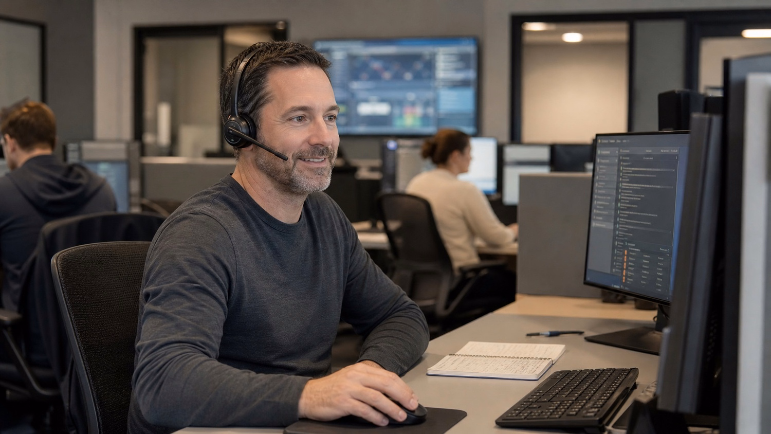 IT support man on call at desk, notepad open