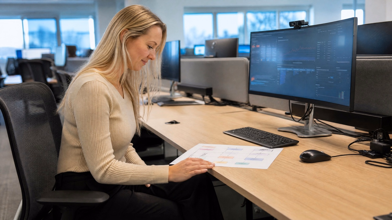 Woman reviews incident response flowchart at shared desk 60 chars
