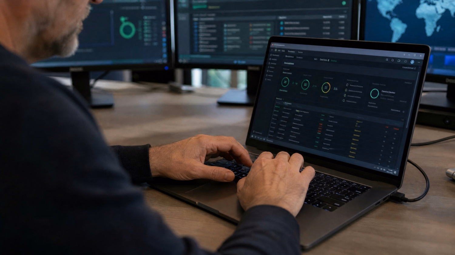Man typing on laptop recovery dashboard, dark interface