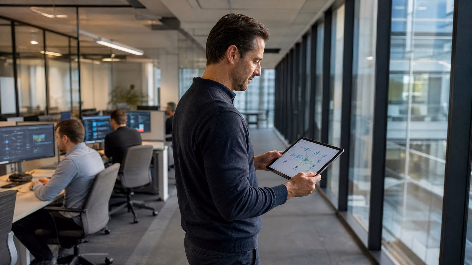 Man reviews network topology on tablet, side-lit walkway 70