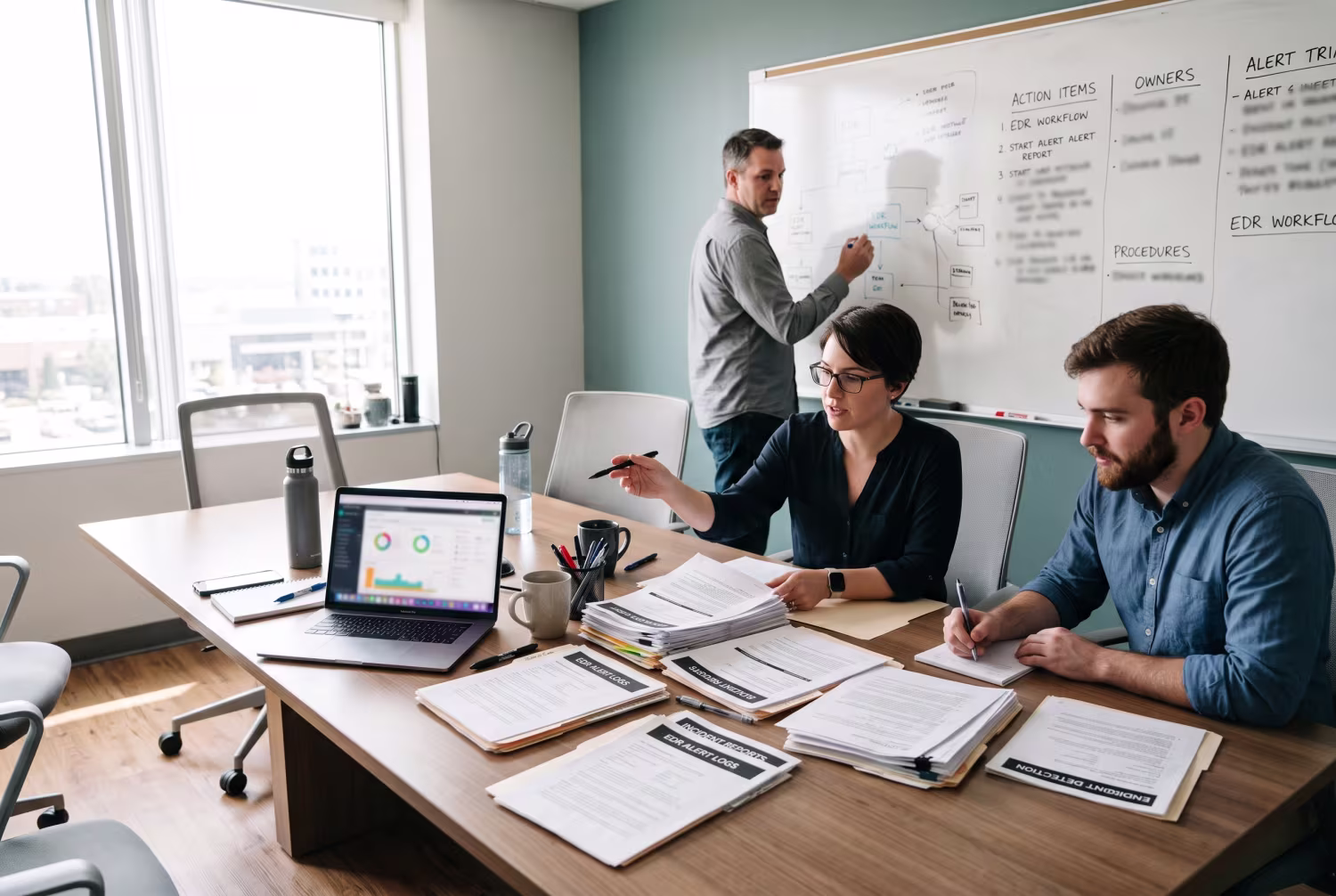 Colleagues discussing endpoint detection and response reports in IT office