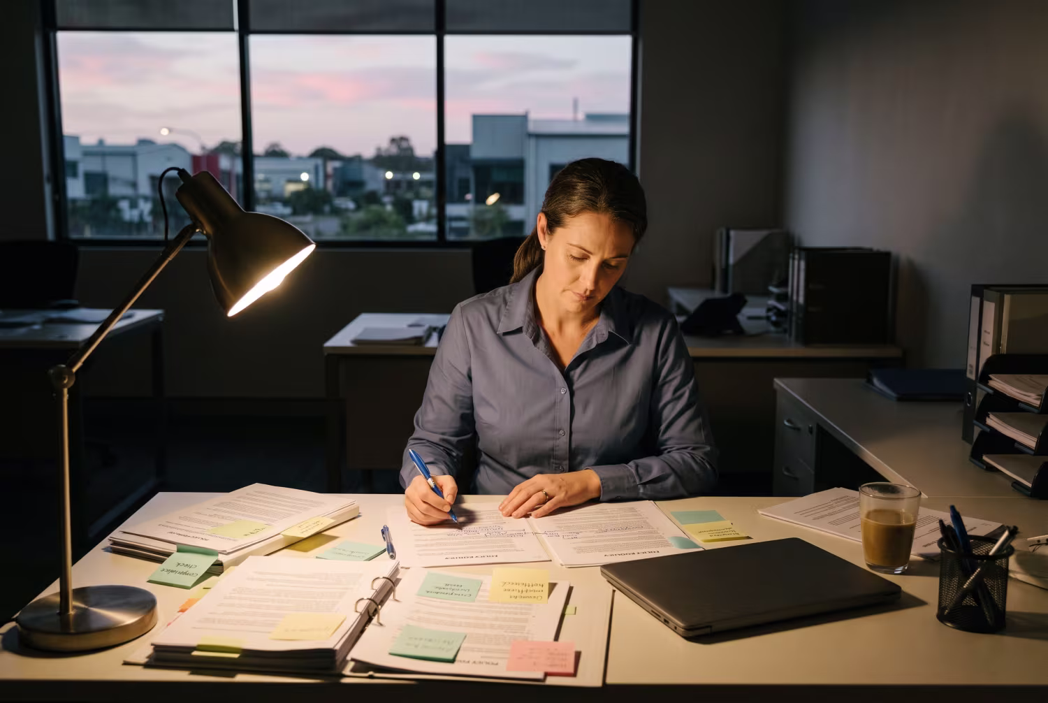 Manager annotating documents under desk lamp at dusk