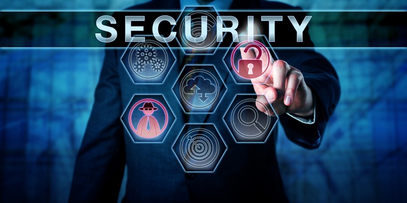 Male corporate administrator is touching SECURITY on an interactive virtual control display.