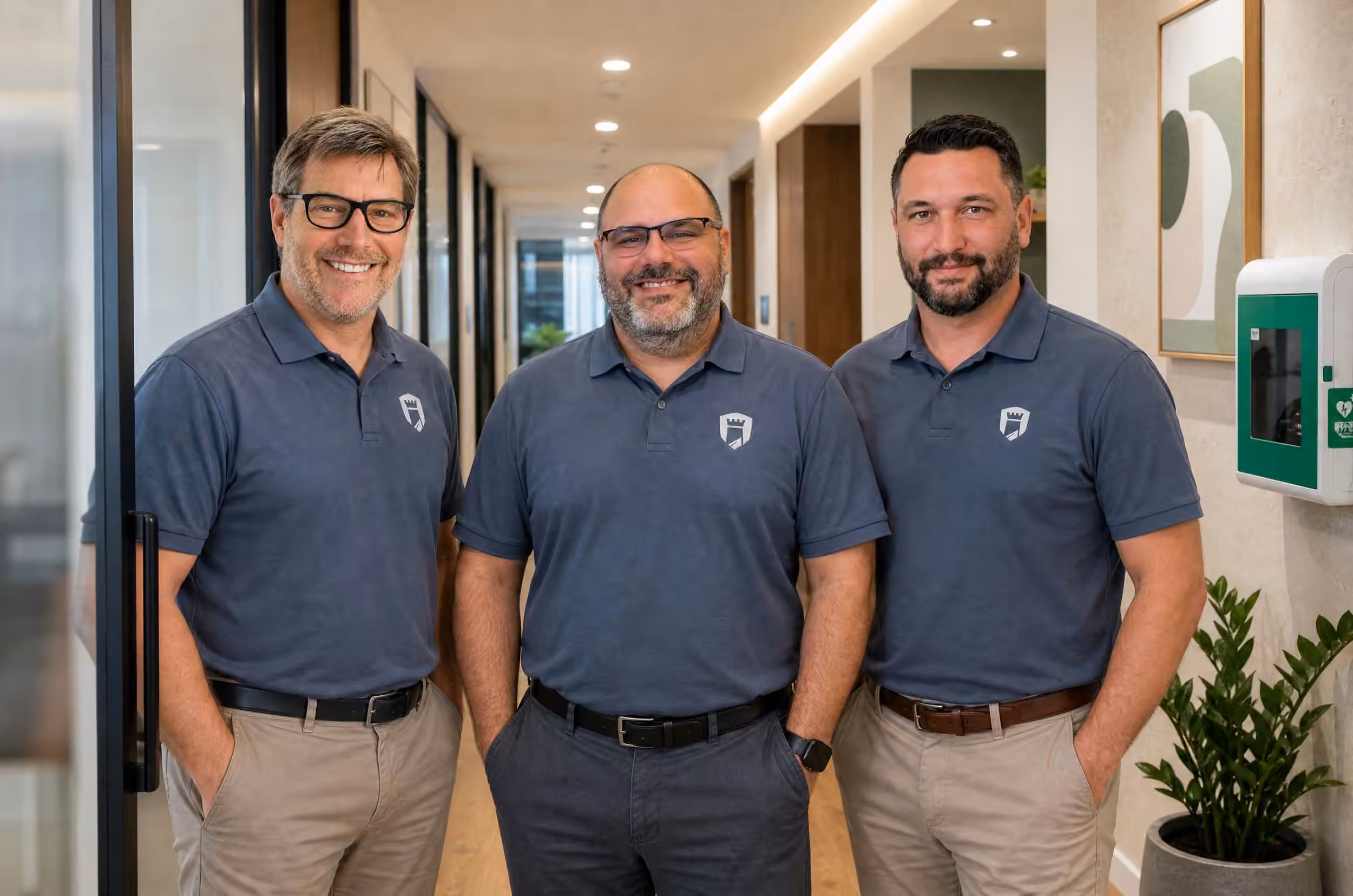 Protected Trust managed IT team of three professionals smiling in modern Orlando office hallway