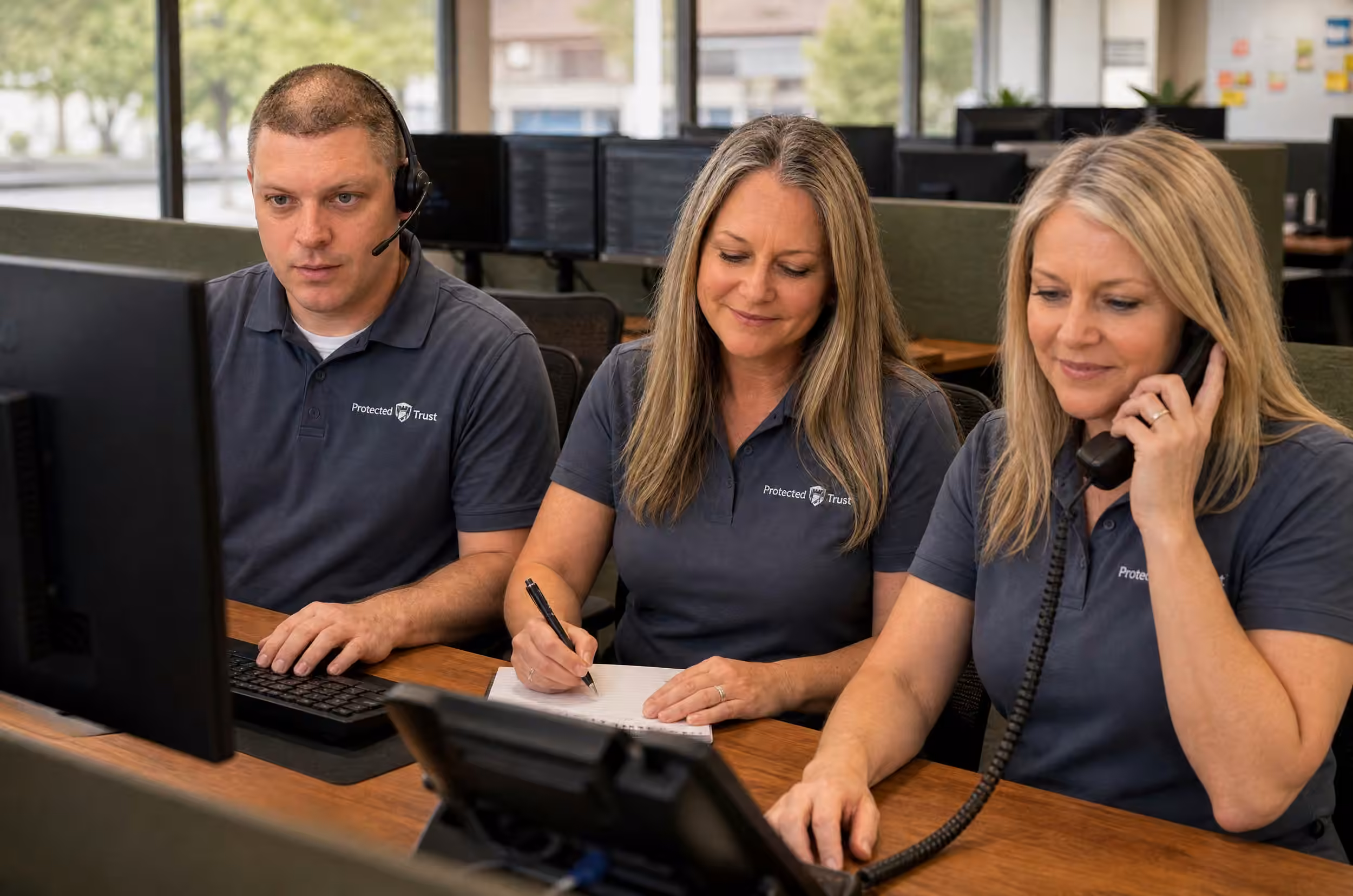 Protected Trust IT support team collaborating at help desk, one on headset, one taking notes, one on phone
