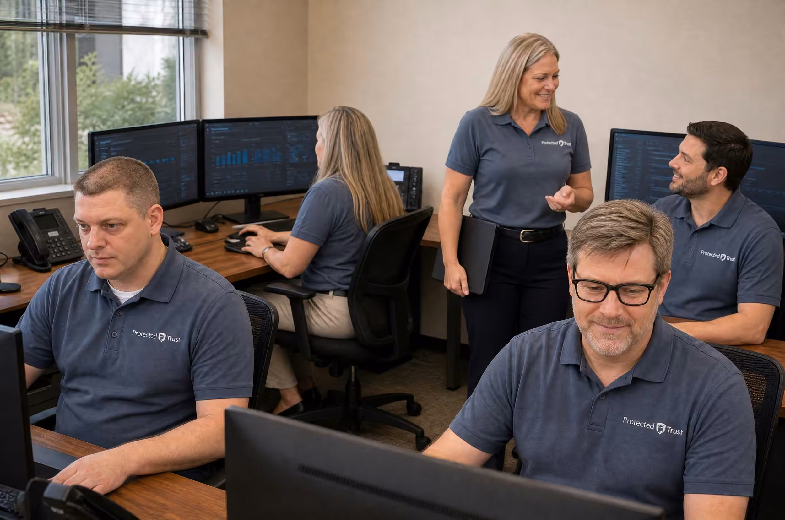 Protected Trust IT technicians working at multi-monitor workstations in a managed services operations center