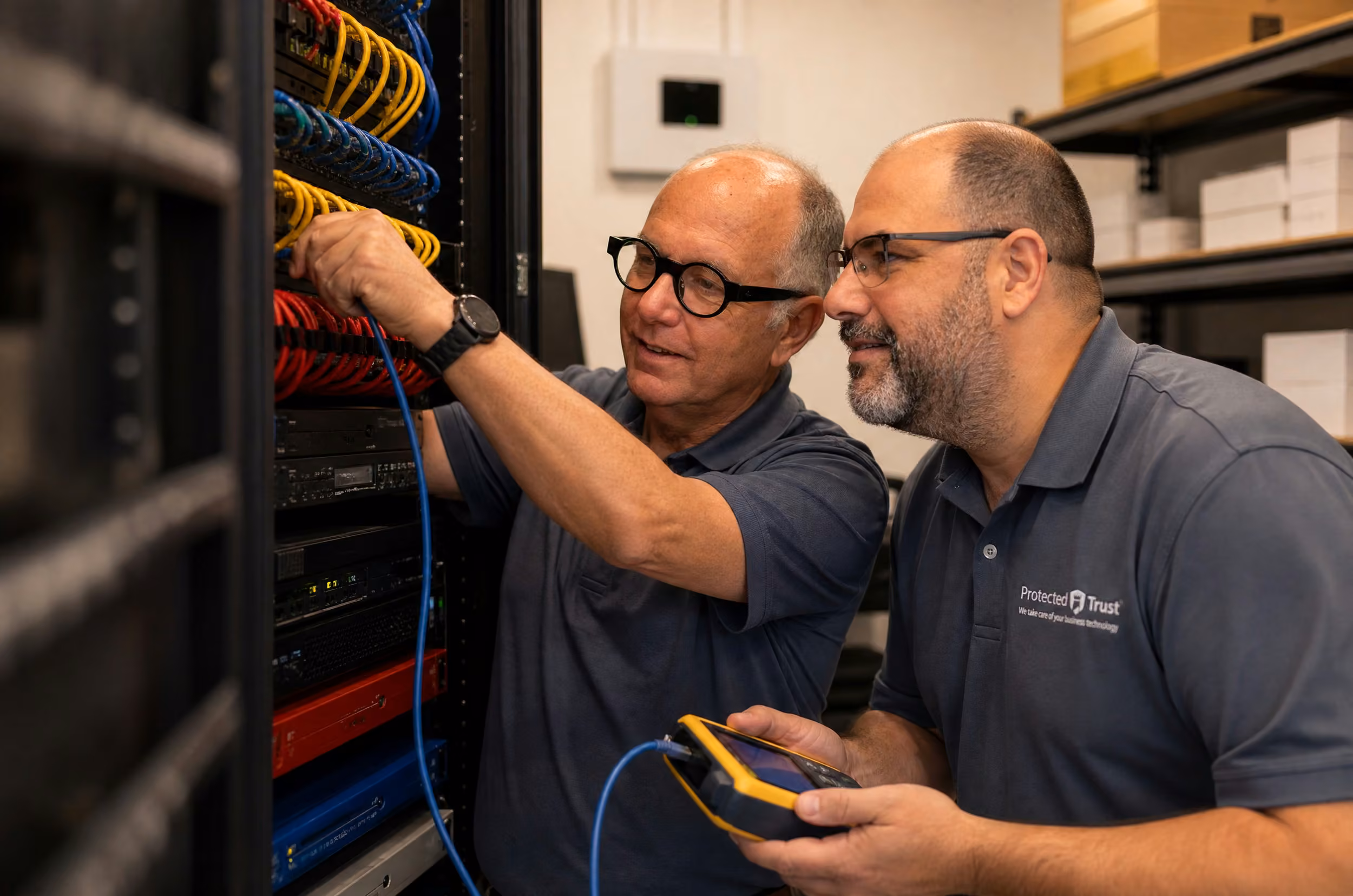 Two IT technicians managing network cables and testing equipment in a server room
