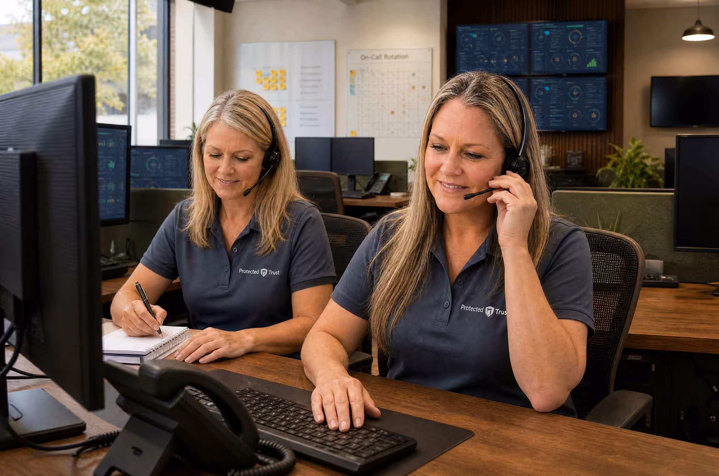 Protected Trust IT support specialists handling client calls and monitoring systems at a managed services operations center