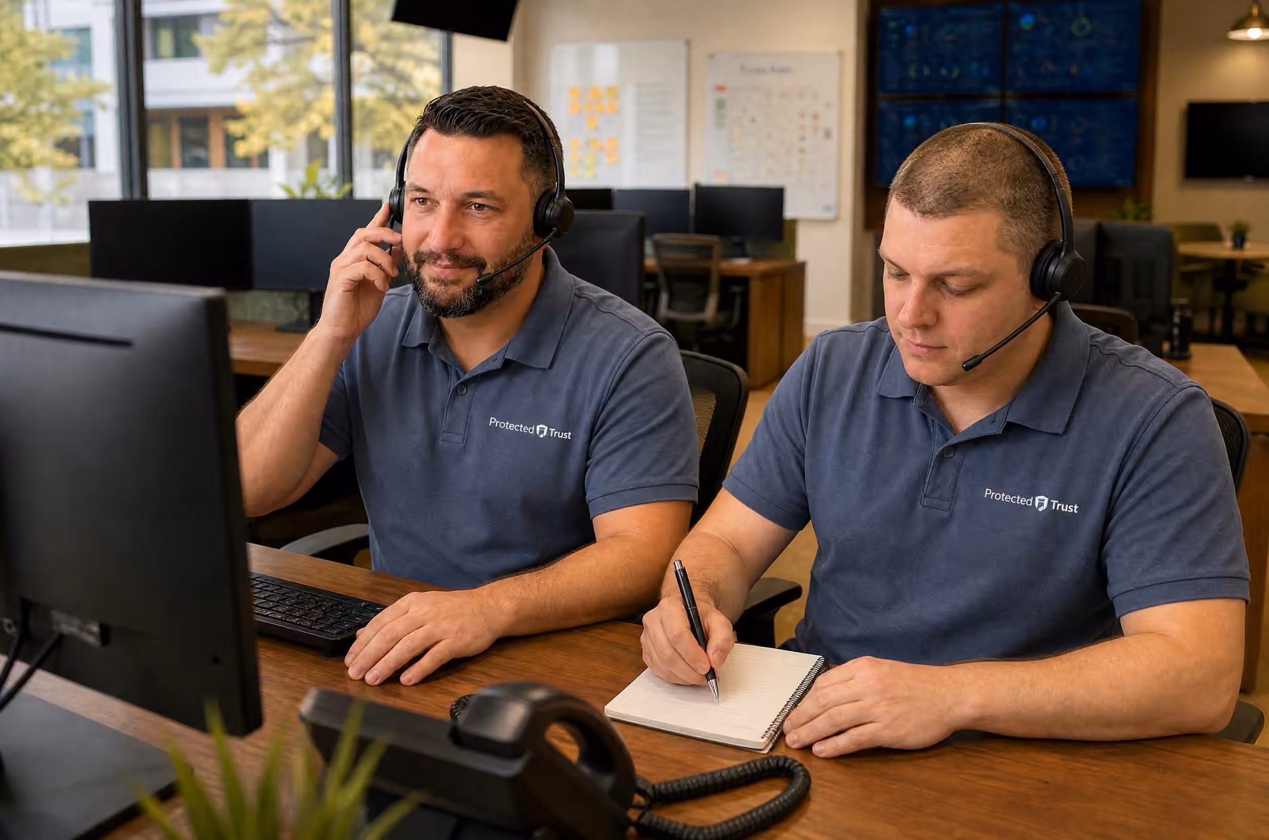Two Protected Trust IT support technicians wearing headsets at a help desk, one on a call while the other takes notes
