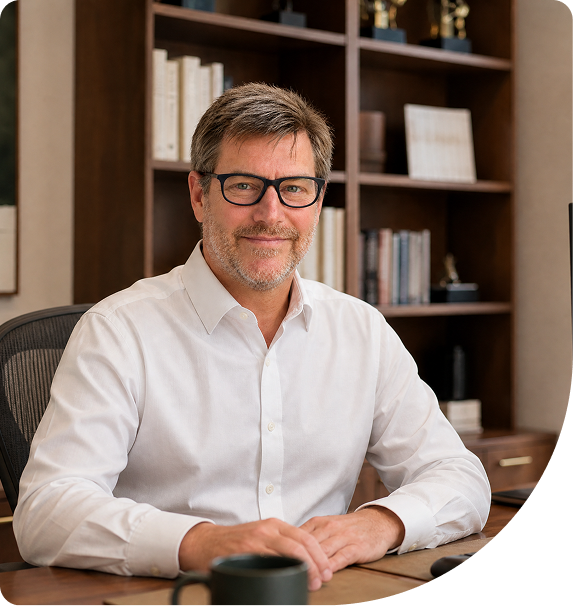 Business professional smiling at desk with computer, keyboard, and bookshelf in modern office setting