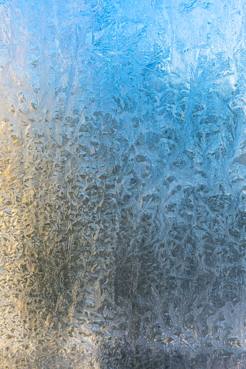 Close-up of frost patterns and ice crystals on a glass surface with blue and gray hues.