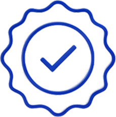 Blue badge icon with a check mark in the center symbolizing approval or quality.