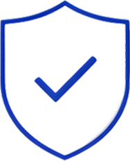 Blue shield outline with a checkmark inside representing security or protection.