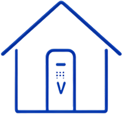 Blue outlined house icon with a door containing the letters HV in blue.