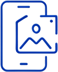 Blue line icon of a smartphone with a photo image overlapping its screen.
