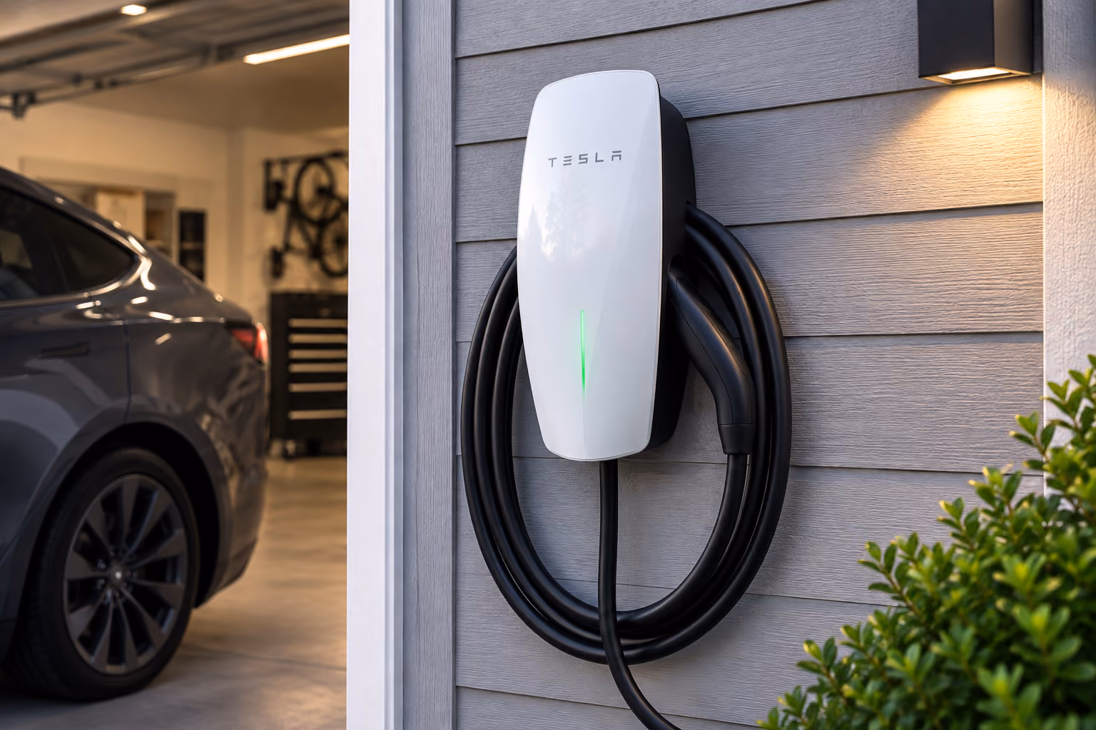 Tesla electric vehicle charging station mounted on a gray house exterior wall near a garage.