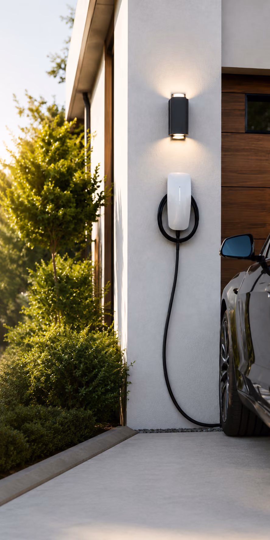 Electric car charging on a wall-mounted station outside a modern house with bushes nearby.