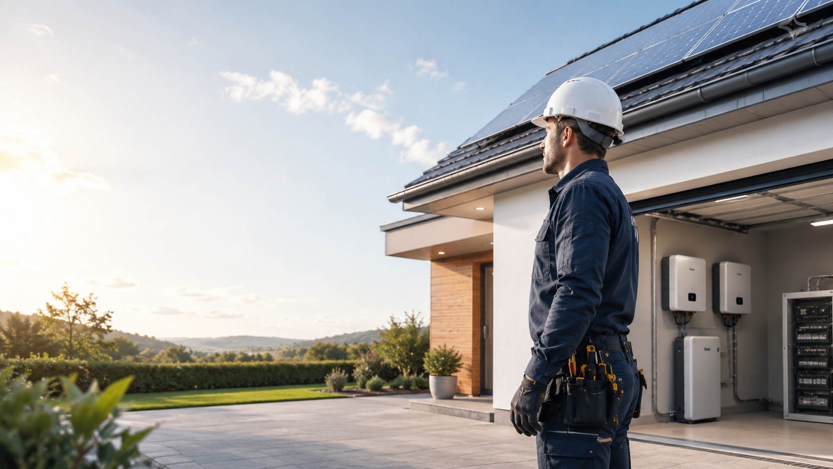 Installateur photovoltaïque devant une installation solaire avec onduleurs visibles