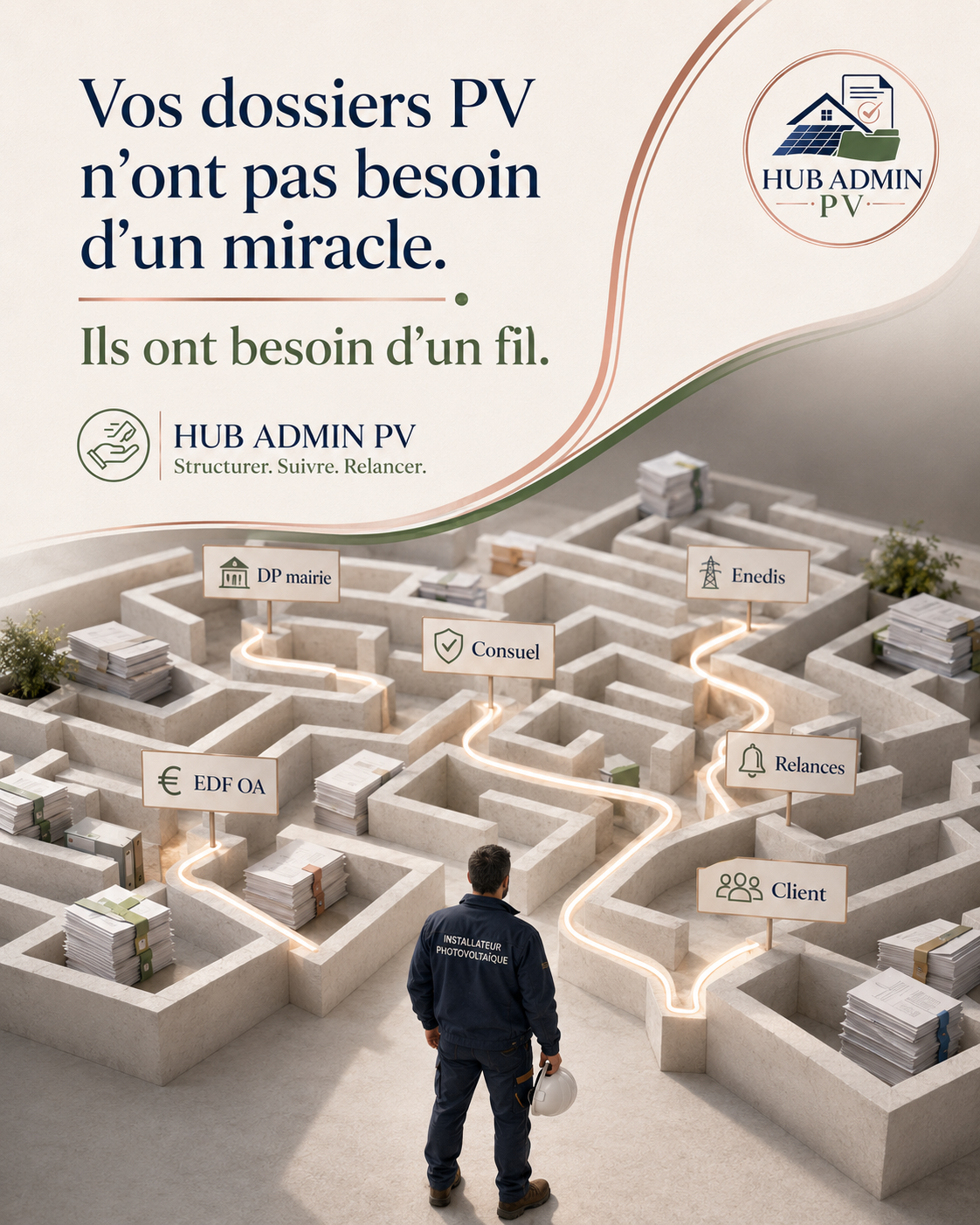 Le labyrinthe administratif PV — DP mairie, Consuel, Enedis, EDF OA, Relances, Client